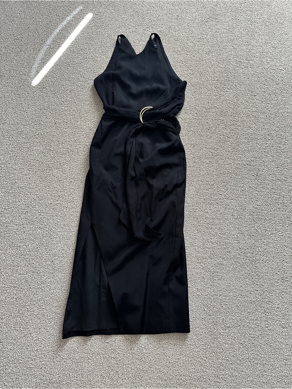 Sleeveless Black Midi Dress with D-Ring Waist Tie